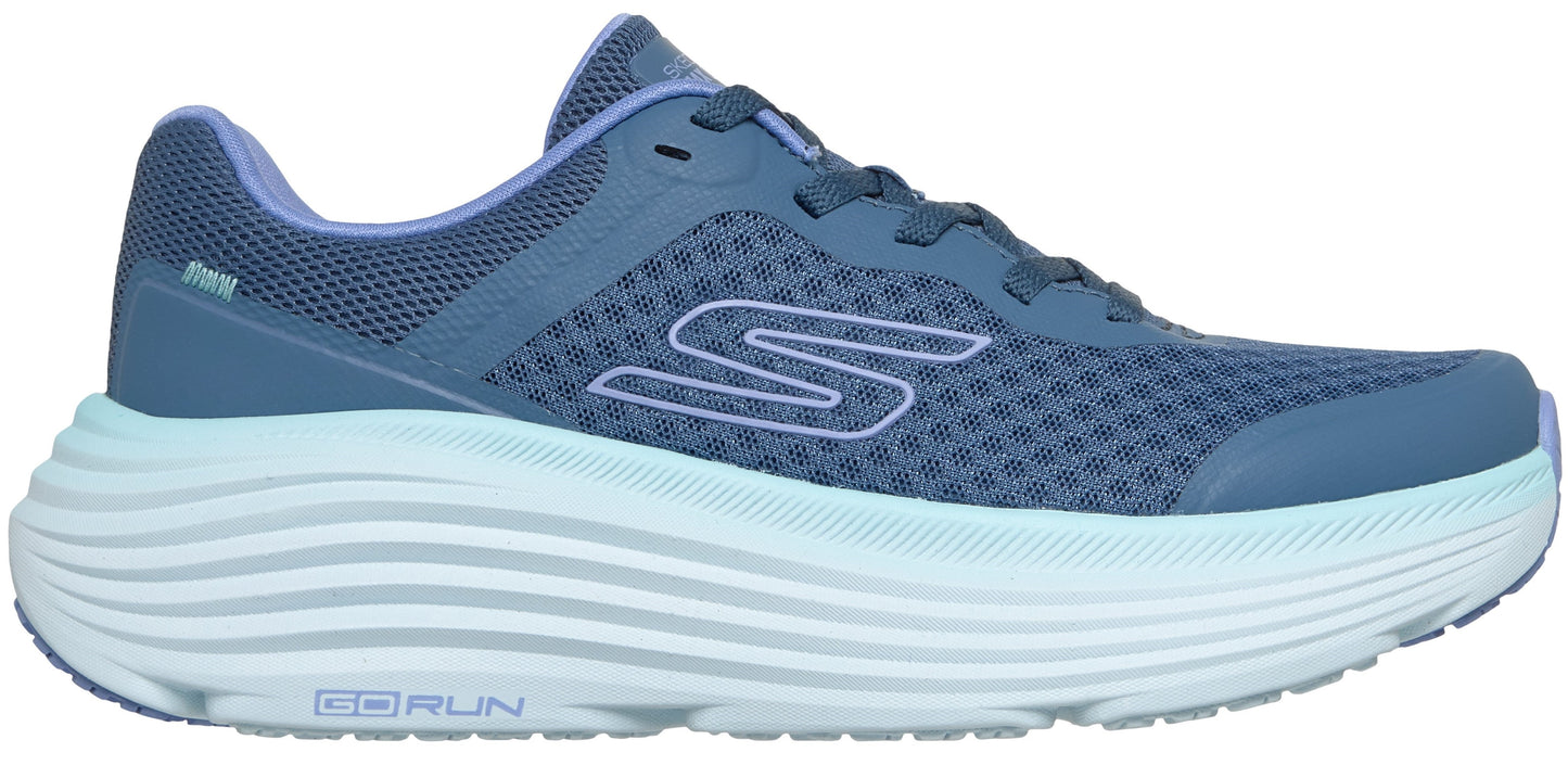 A blue Skechers GO RUN women's athletic sneaker with a thick light blue ridged midsole, a breathable mesh upper, and a lavender interior lining.