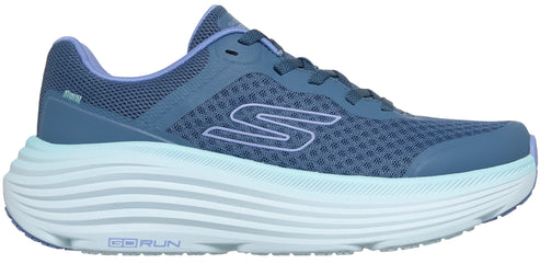 A blue Skechers GO RUN women's athletic sneaker with a thick light blue ridged midsole, a breathable mesh upper, and a lavender interior lining.