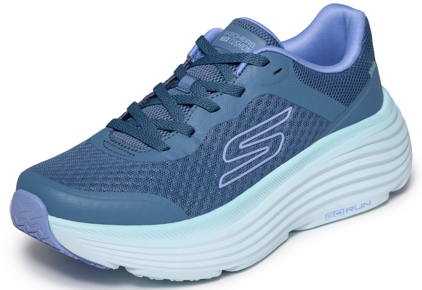 A women's athletic running shoe in shades of blue with a thick light blue cushioned sole, mesh upper, dark blue laces, and a large 'S' logo on the side.