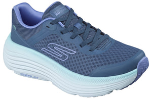 A Skechers Max Cushioning running shoe in shades of navy blue and light blue with a thick, ribbed white sole.