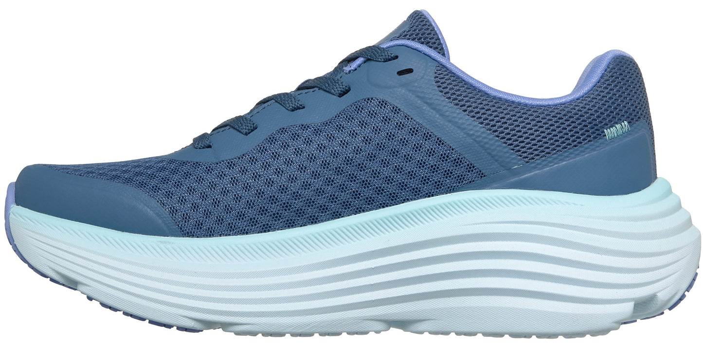A low-top athletic running shoe in shades of blue with a dark blue mesh upper and a light blue, thick, curved, ribbed foam sole.