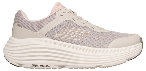 A beige running shoe with a thick, wavy sole.