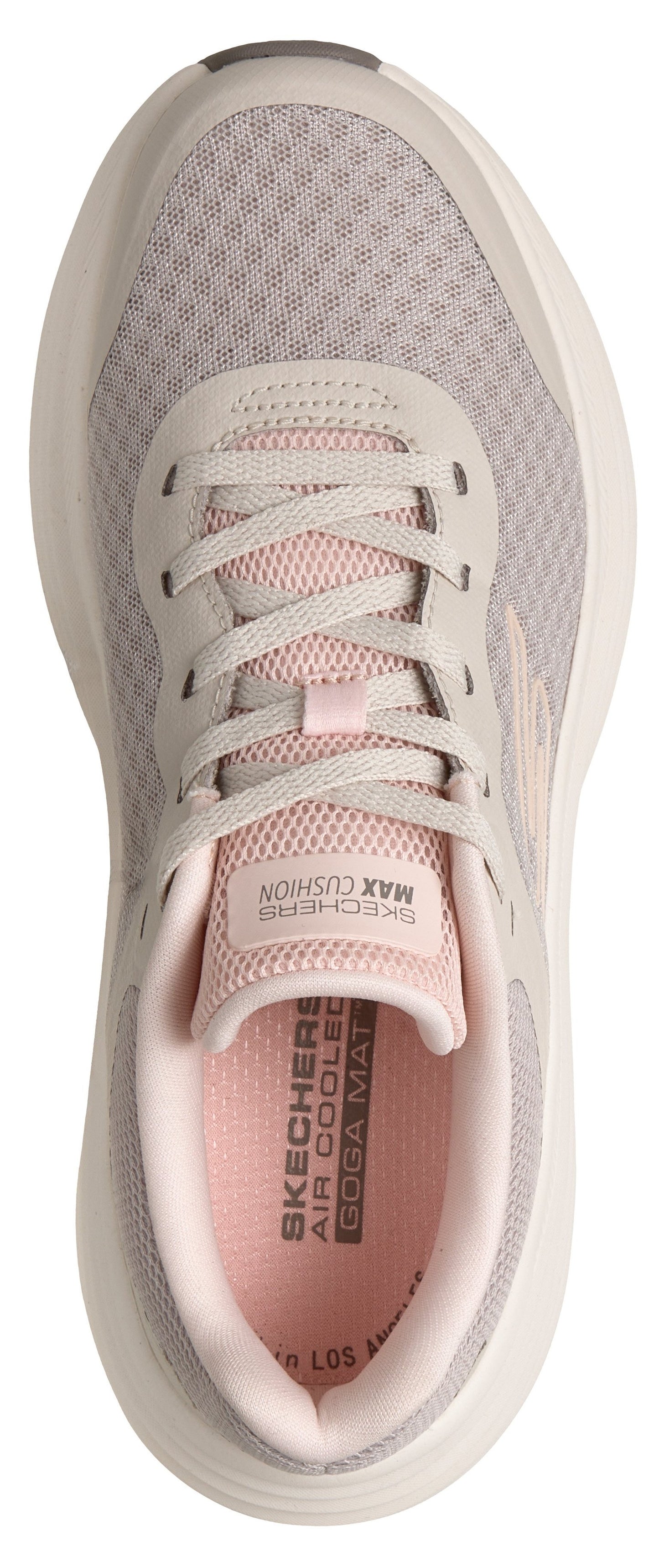 A top-down shot of a walking shoe with a round toe, lace-up closure, padded collar, and thick sole.