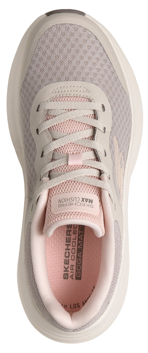 A top-down shot of a walking shoe with a round toe, lace-up closure, padded collar, and thick sole.