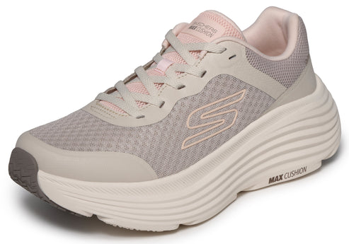 Beige running shoe with MAX CUSHION text on the side.