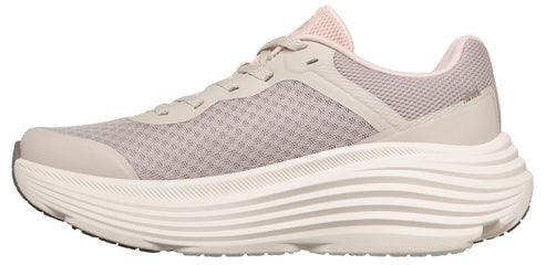 A beige sneaker with a thick, ridged white sole.