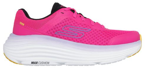 A bright pink athletic shoe with a white cushioned sole.