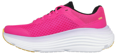 A pink running shoe with a white sole.