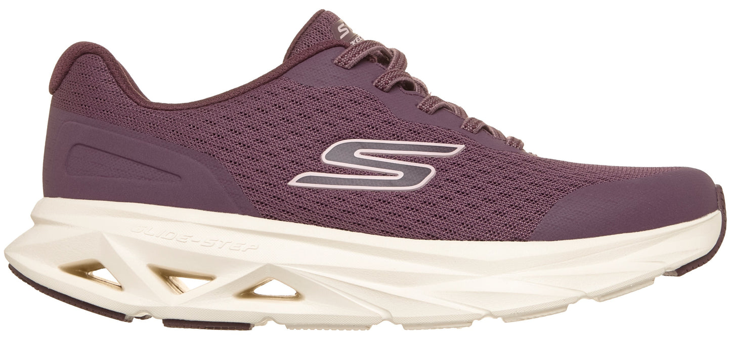 A plum-colored Skechers sneaker with a mesh upper, a white sculpted foam sole with cut-out detailing, and a prominent white 'S' logo on the side.