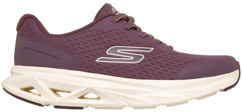A plum-colored Skechers sneaker with a mesh upper, a white sculpted foam sole with cut-out detailing, and a prominent white 'S' logo on the side.