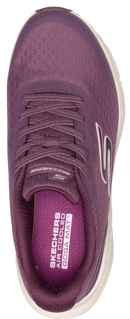 A top-down view of a plum-colored lace-up sneaker with a visible Skechers Air Cooled Goga Mat logo on the insole.