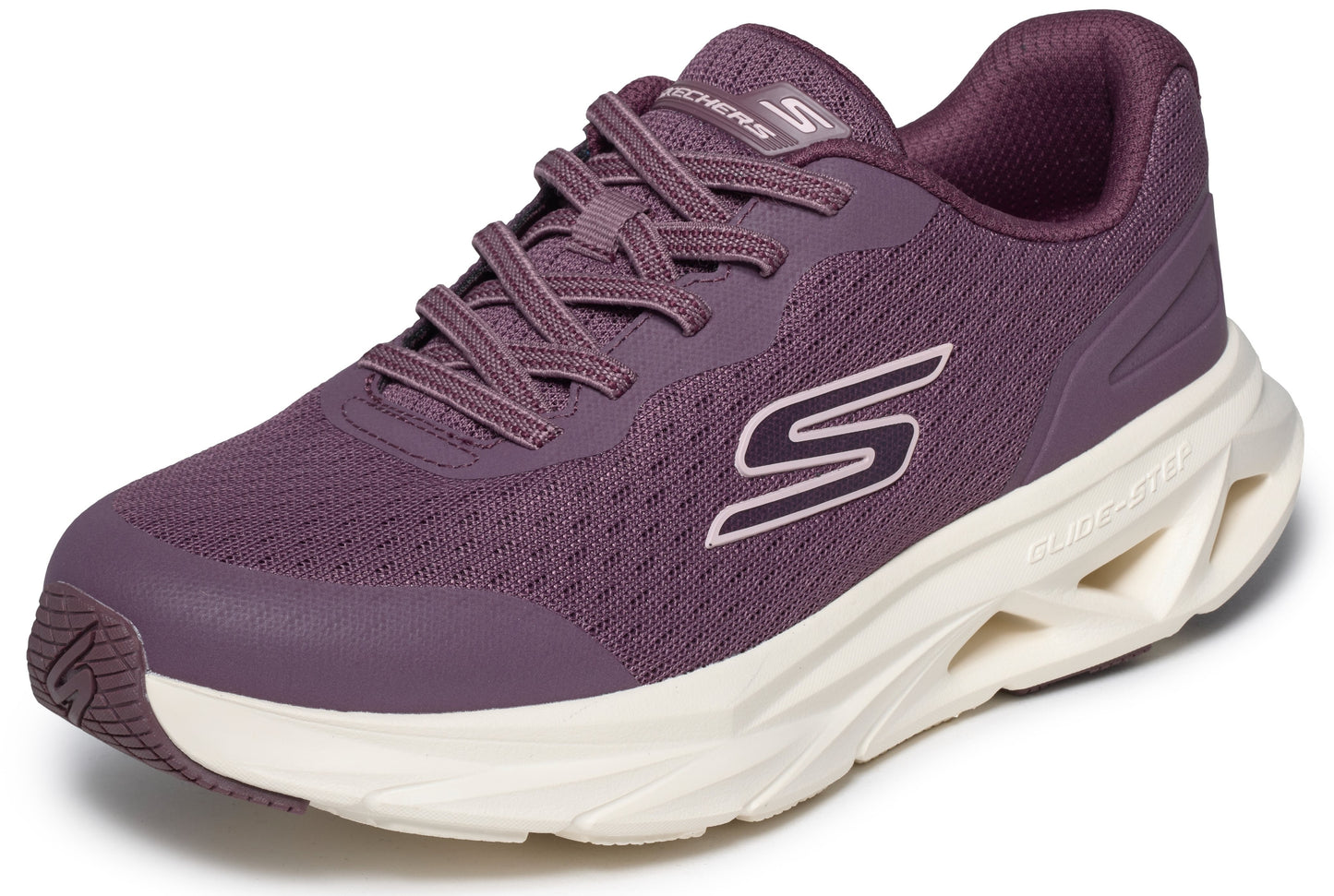 A purple athletic sneaker with a white, textured, geometric-patterned sole and laces, featuring a prominent "S" logo on the side and "SKECHERS" text on the tongue.