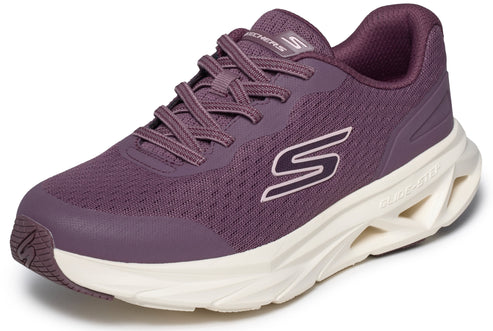 A purple athletic sneaker with a white, textured, geometric-patterned sole and laces, featuring a prominent "S" logo on the side and "SKECHERS" text on the tongue.