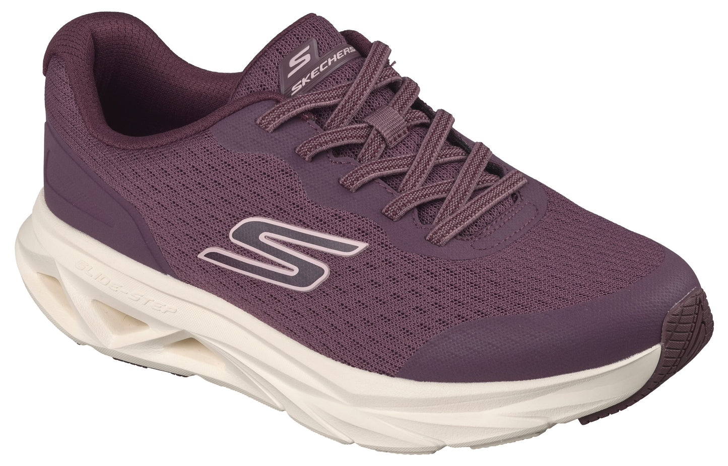 A plum-colored Skechers sneaker with a white cushioned midsole and matching plum-colored laces, viewed from a side angle, featuring a visible S logo on the side and branded tongue.