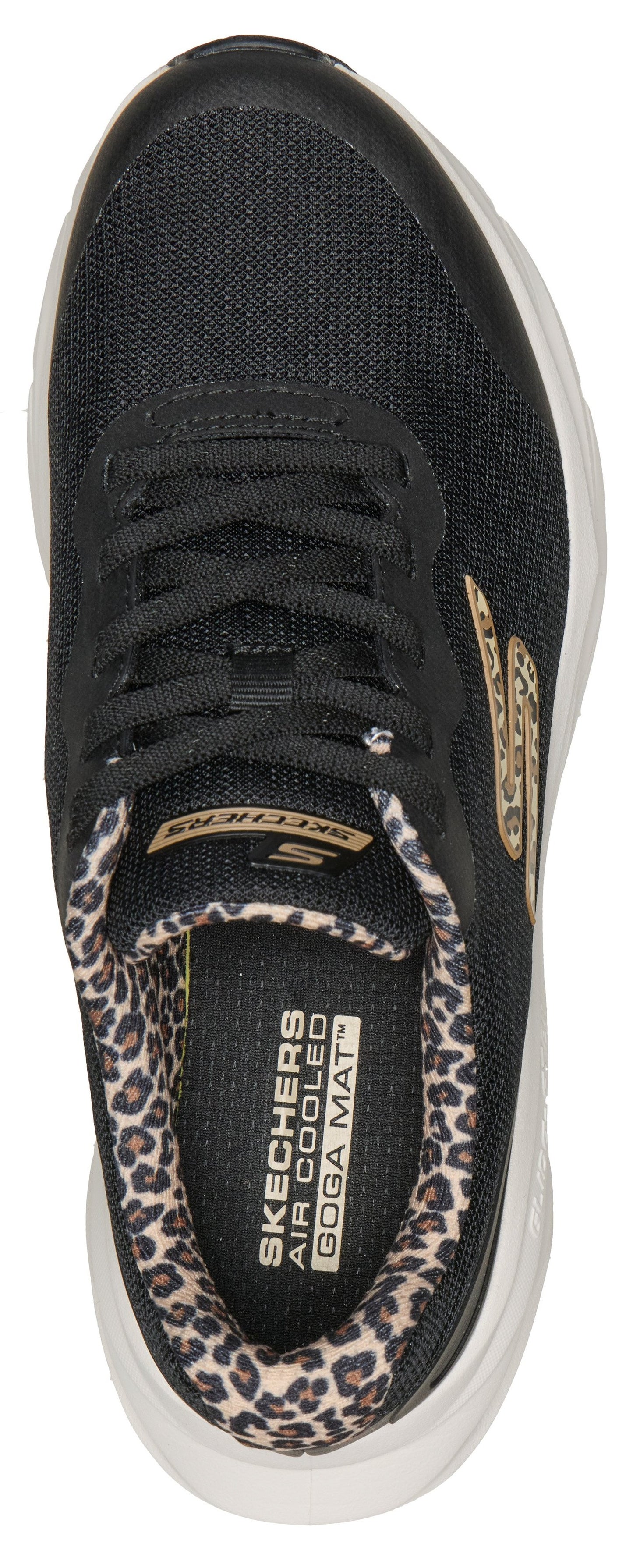 A top-down view of a black women's athletic sneaker featuring a mesh upper, black laces, a leopard print interior lining, and a white cushioned sole, with branded text clearly visible on the tongue and the insole.