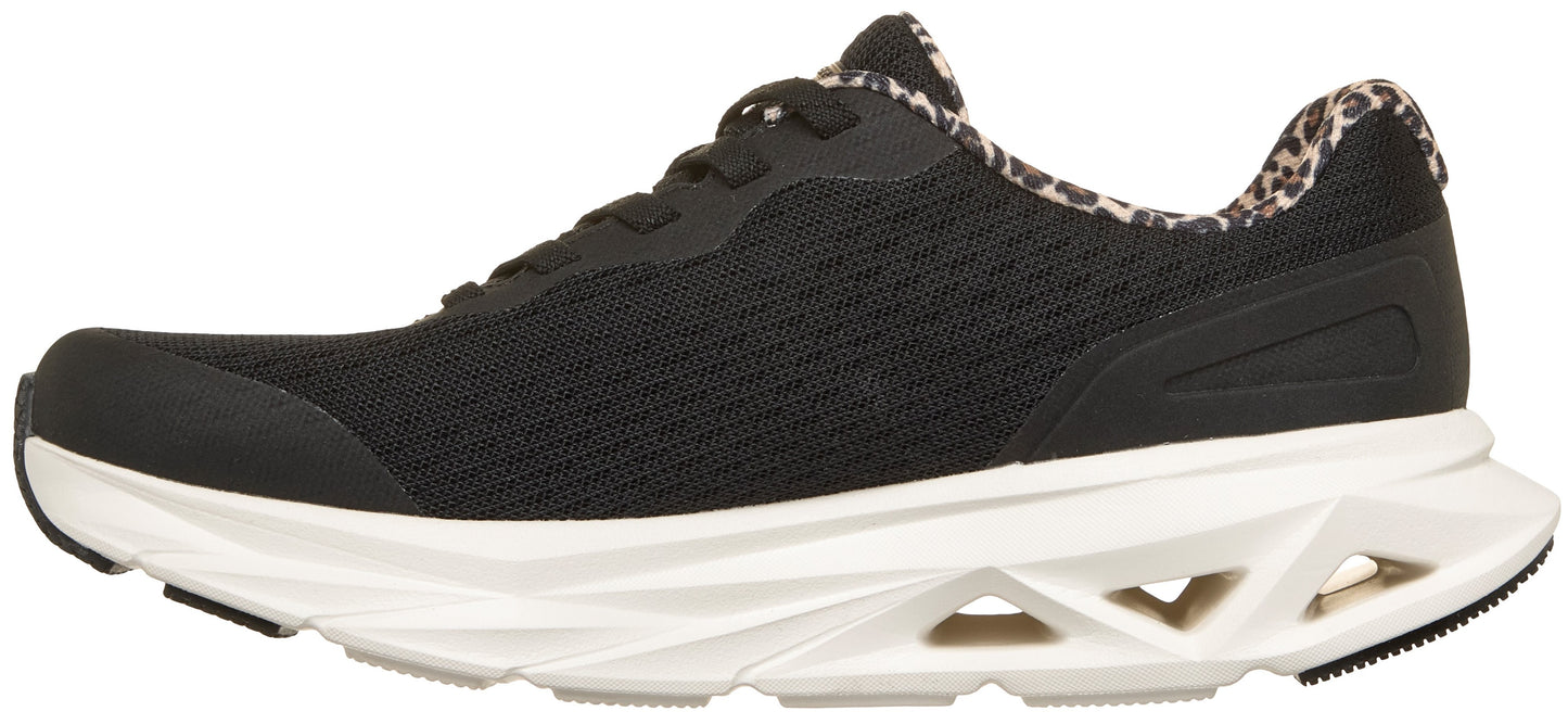 A black mesh athletic sneaker with black laces, a leopard-print padded collar, and a thick, white, sculpted midsole with visible geometric cutouts.