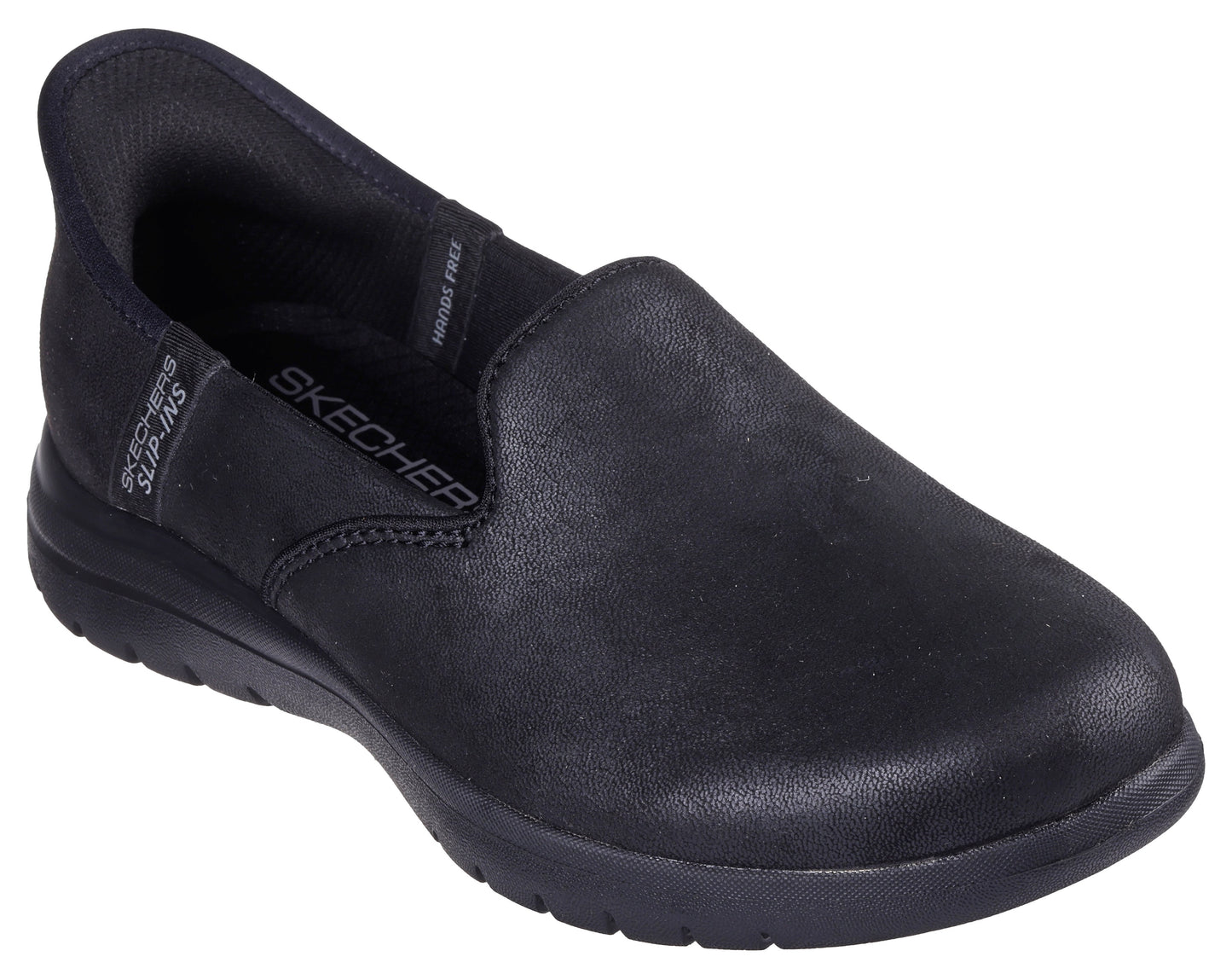 Black slip-on shoe with low profile, and "SKECHERS SLIP-INS" logo on the back and "SKECHERS" on the side.