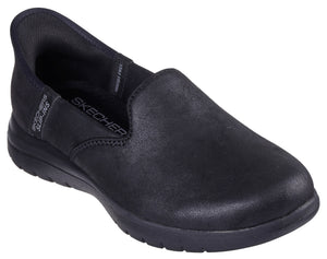 Black slip-on shoe with low profile, and "SKECHERS SLIP-INS" logo on the back and "SKECHERS" on the side.