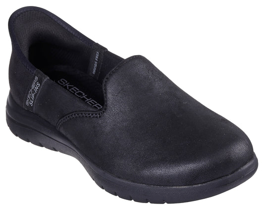 Black slip-on shoe with low profile, and "SKECHERS SLIP-INS" logo on the back and "SKECHERS" on the side.