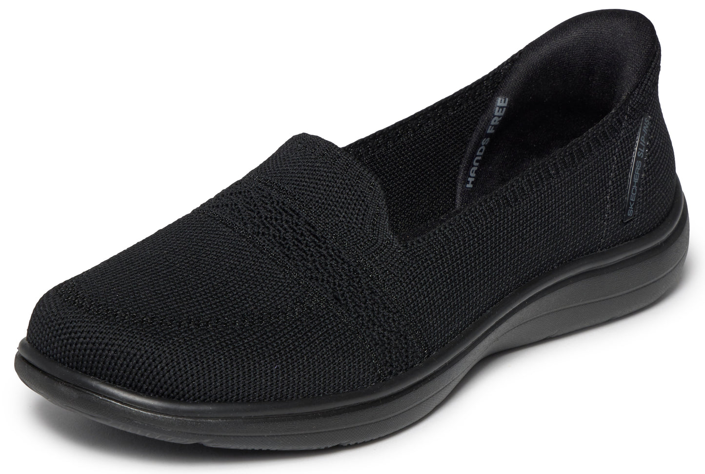 Black knit slip-on shoe.