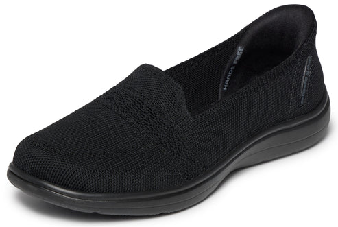 Black knit slip-on shoe.
