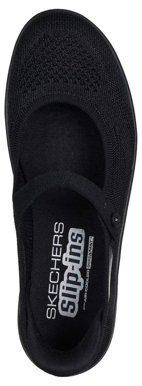 A black skimmer with "SKECHERS Slip-ins" printed on the insole.