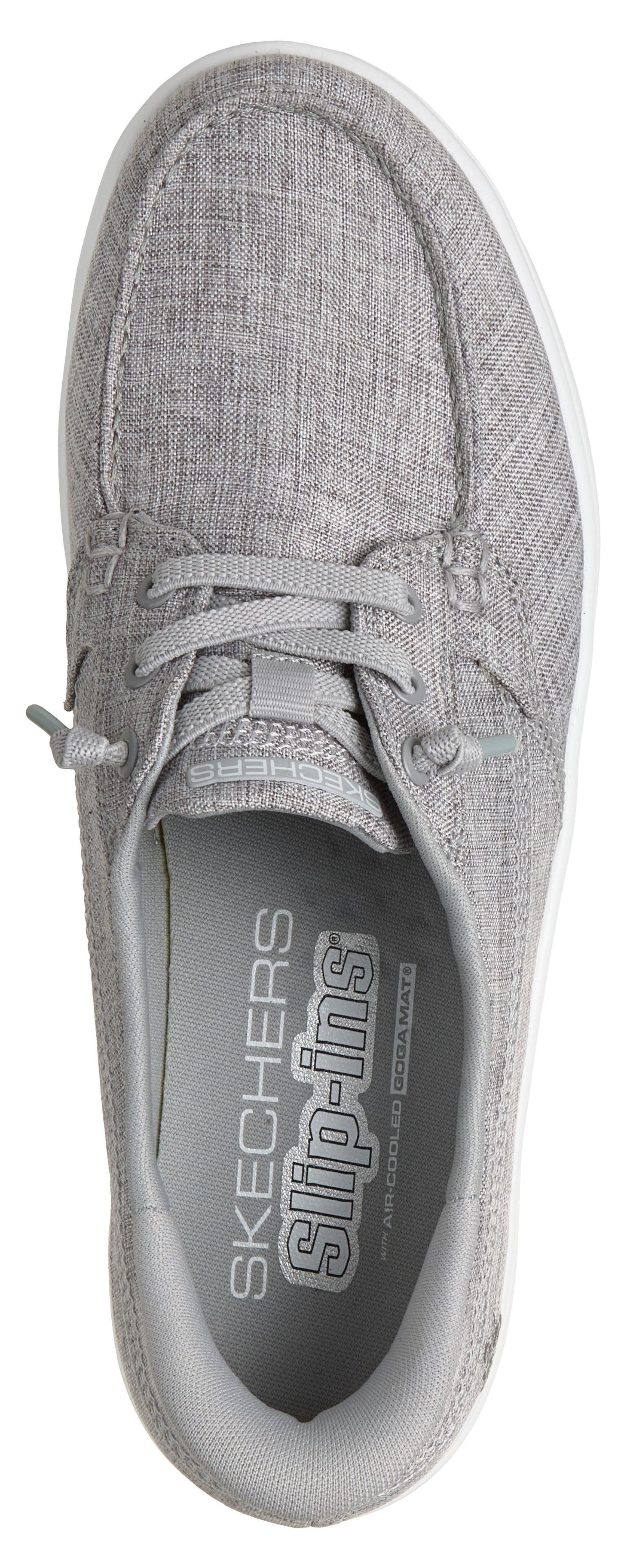 A gray shoe with white sole, featuring a slip-in design and lace-up detailing.