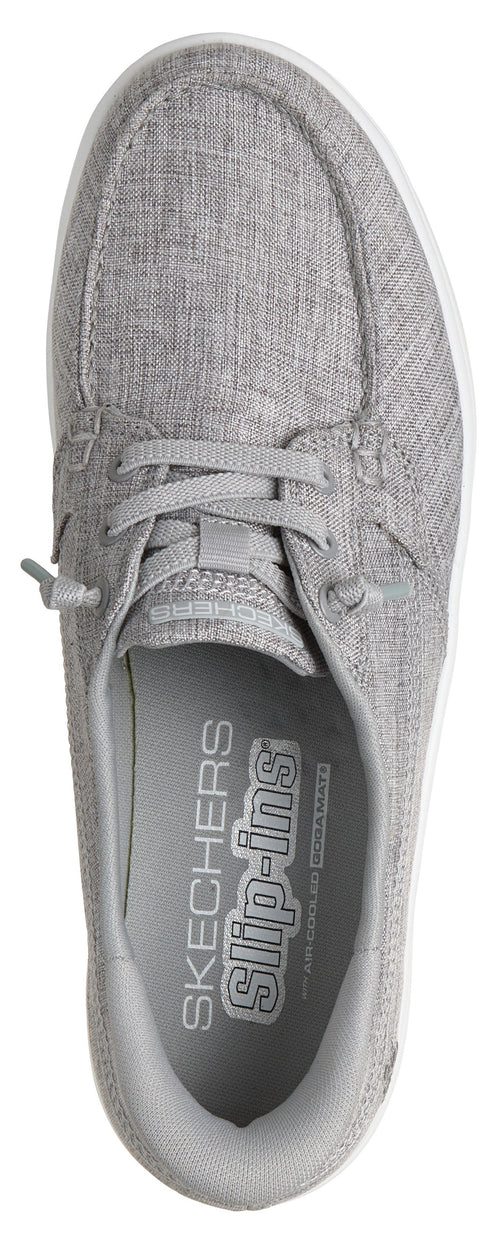 A gray shoe with white sole, featuring a slip-in design and lace-up detailing.