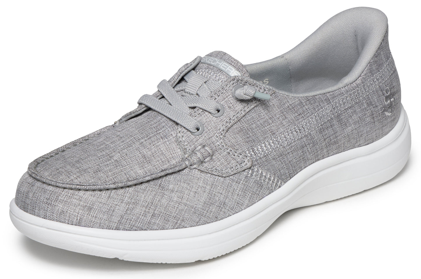 Gray boat shoe with white sole and laces.