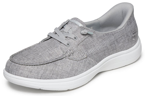 Gray boat shoe with white sole and laces.