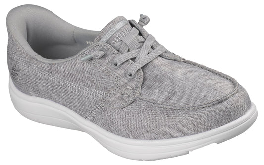 Gray casual shoe with white sole and laces.