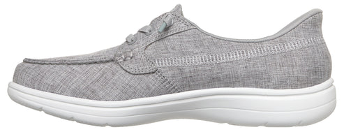 A gray slip-on sneaker with a white sole.
