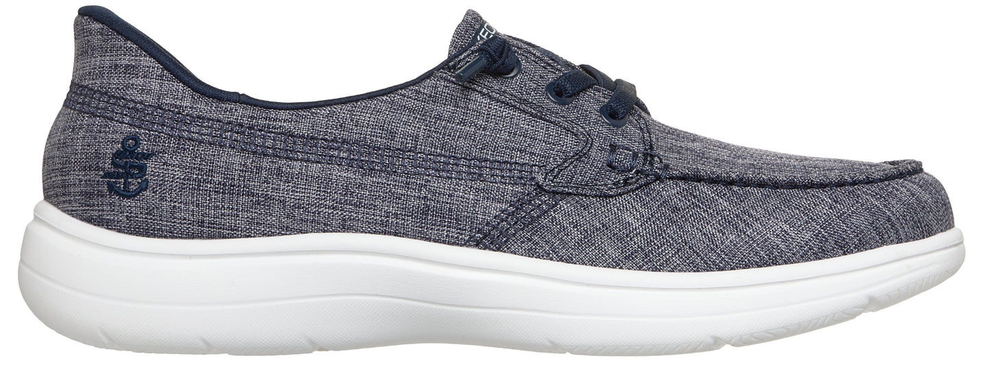 A blue and white boat shoe.