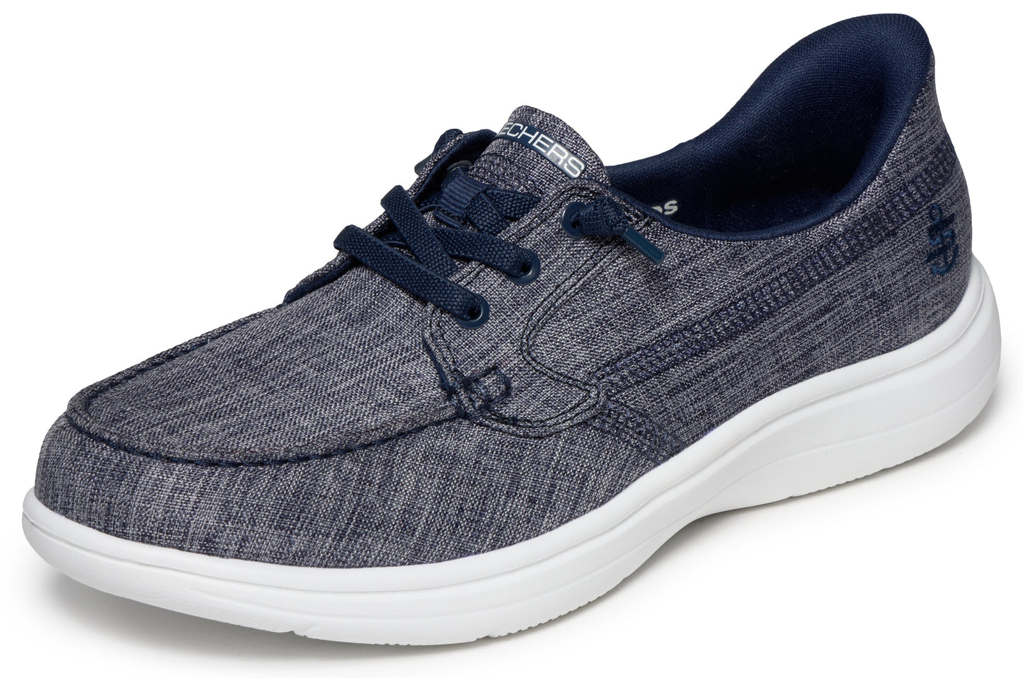Heathered navy-blue boat shoe with white sole.