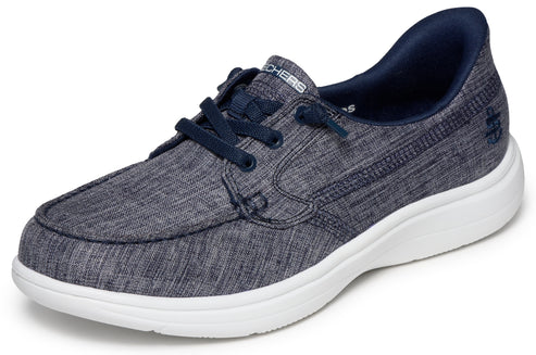 Heathered navy-blue boat shoe with white sole.