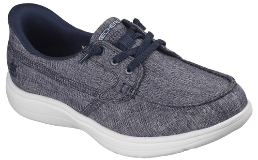 A navy boat shoe with navy laces and a white sole.