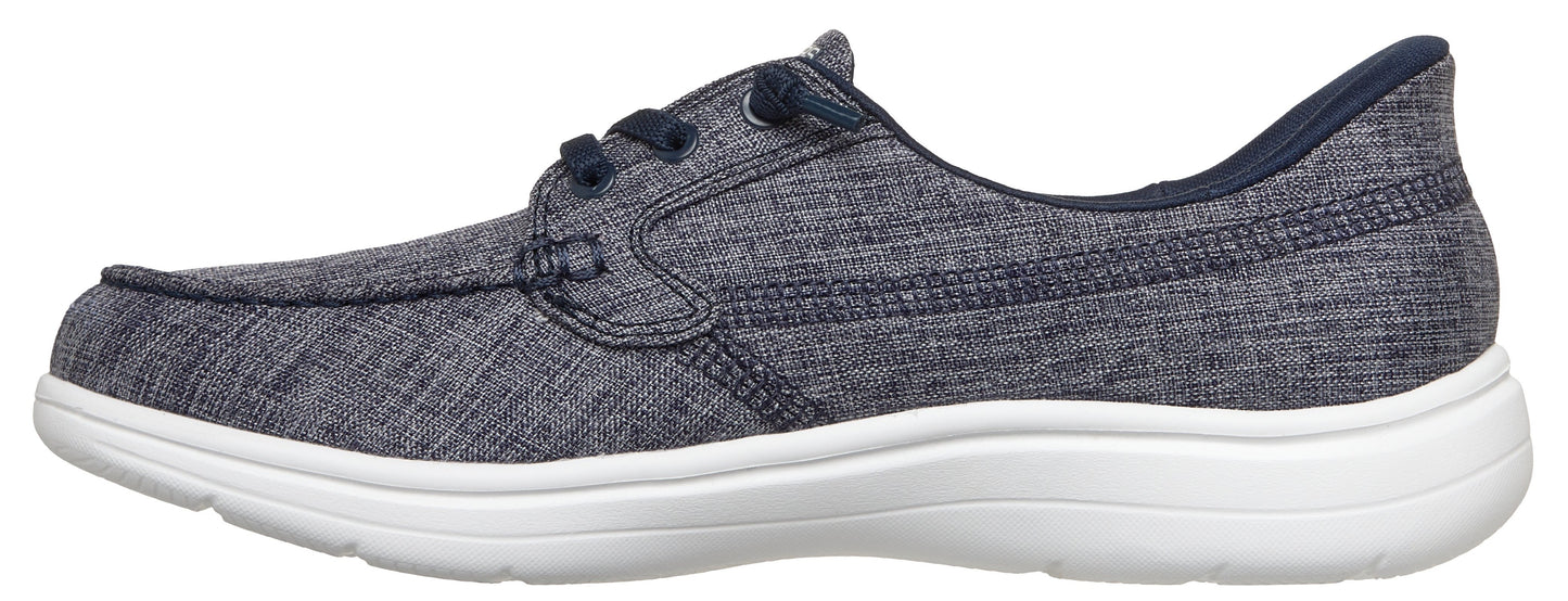 A dark gray casual boat shoe with white sole.