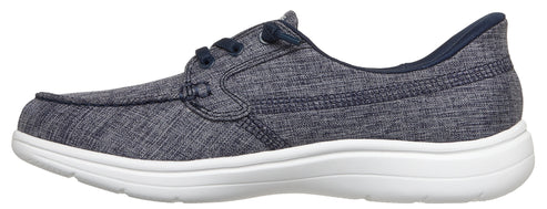 A dark gray casual boat shoe with white sole.