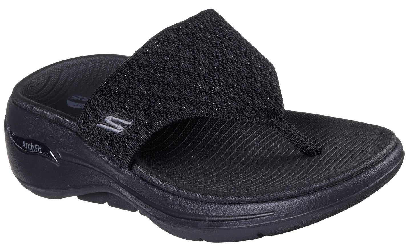 Black sandal with a knit upper strap and arch fit sole.