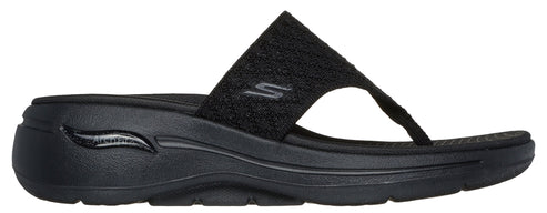 A black flip-flop sandal with the Skechers logo.