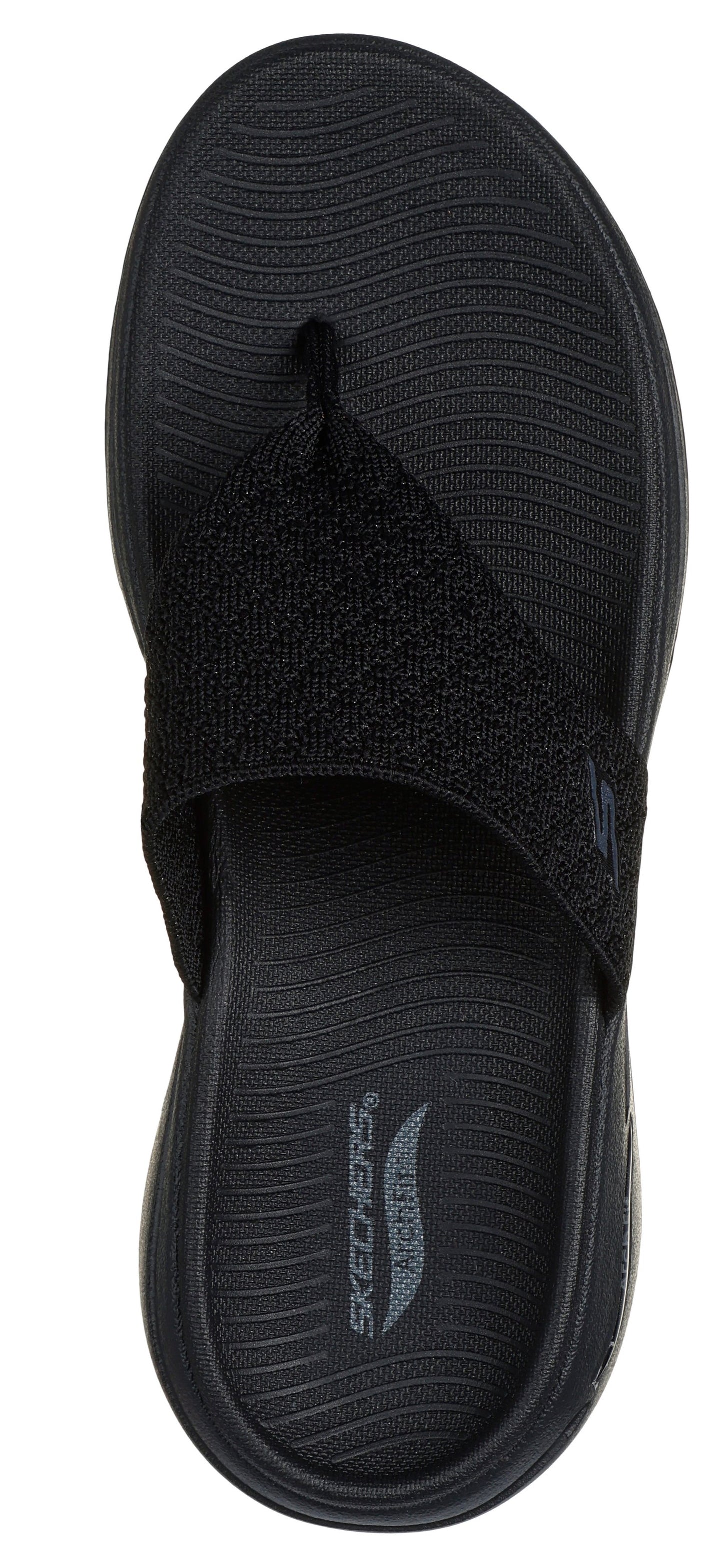 A black sandal with a toe post and an asymmetrical upper strap.