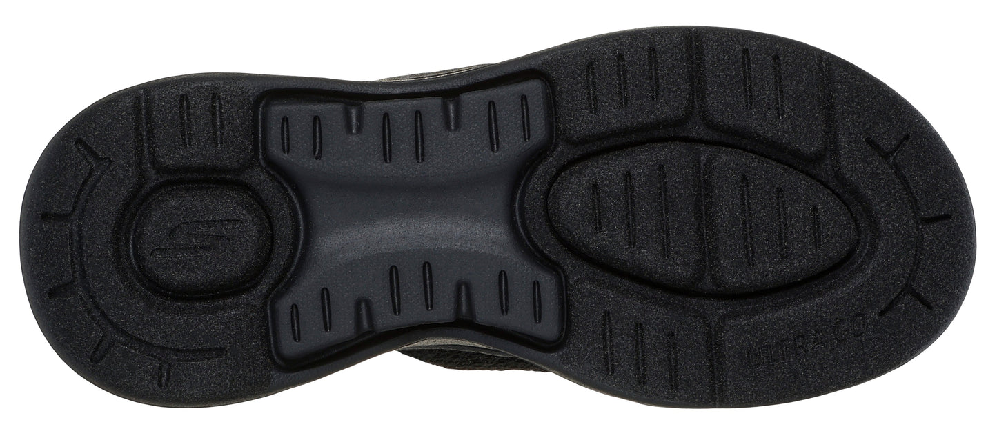 Black shoe sole with patterned tread.
