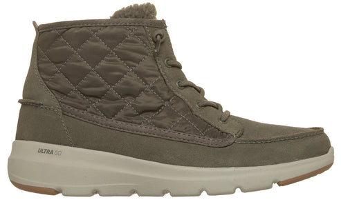 A side view of an olive green, ankle-high lace-up boot with a quilted nylon panel, a suede-like toe and heel, and a thick, light-beige Ultra Go midsole with a gum rubber outsole.