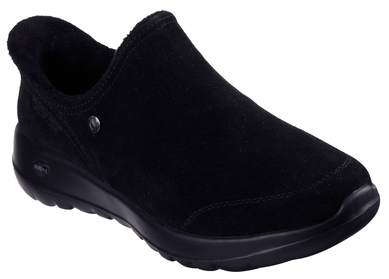 Black slip-on shoe with round toe and low heel.