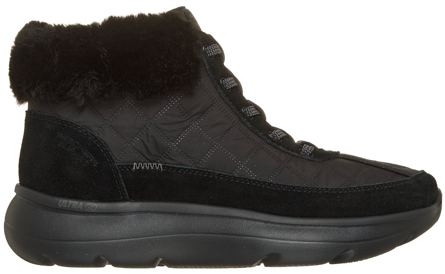 A black ankle boot with a quilted nylon upper, a thick rubber sole, black suede trim, and a fluffy faux-fur cuff around the collar.