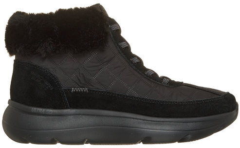 A black ankle boot with a quilted nylon upper, a thick rubber sole, black suede trim, and a fluffy faux-fur cuff around the collar.