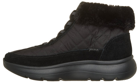 A black, ankle-high, quilted winter boot with a thick faux-fur collar, a rounded toe, a lace-up front, and a chunky, cushioned platform sole.