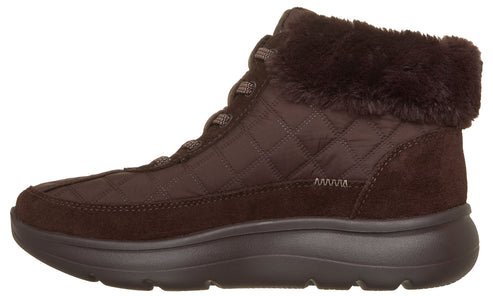 A brown quilted winter boot with a dark brown faux fur collar, suede accents, and a thick, matching dark brown rubber sole.