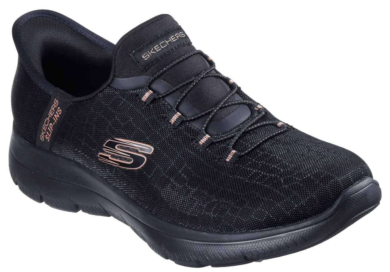 Black slip-on sneaker with a textured upper, faux laces, and Skechers logo on the side.