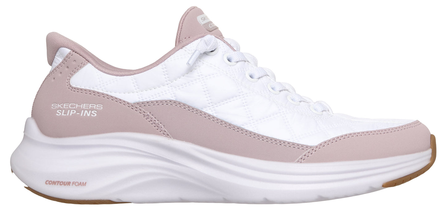 A white sneaker with a pink trim and white laces.